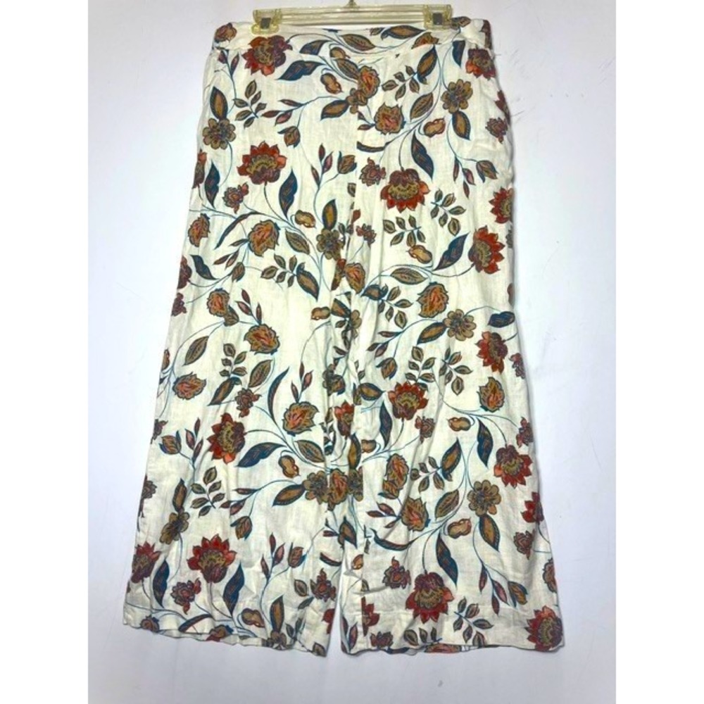 Jessica Simpson Floral Linen Blend Boho Wide Leg Cropped Pants Cream Palazzo L